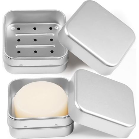Set di 2 portasapone in alluminio con scolapiatti - Portasapone da viaggio a prova di perdite - Piccolo portasapone con sacchetto per sapone - Contenitore solido per shampoo per casa o in viaggio (1/4)