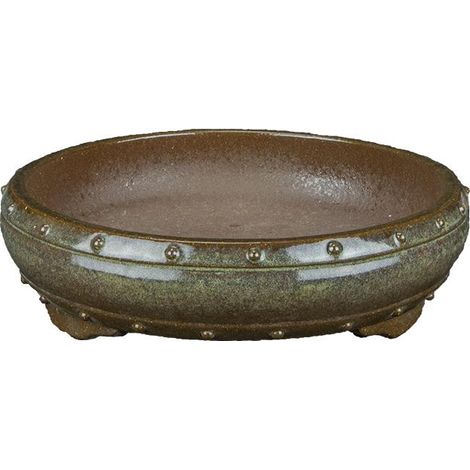 Vaso per bonsai rotondo in gres smaltato verde-marrone 18x18x3,5 cm - A009