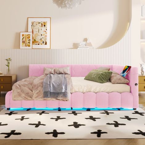 Lit de jour 140x200 cm, avec LED, ports USB et Type-C, rangement hydraulique, sommier à lattes, tissu non tissé, rose (1/5)