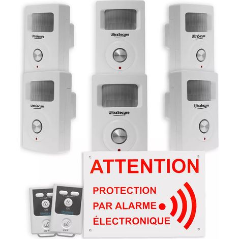 Ultra Secure – Alarme anti-squat dissuasive 100% sans-fil – 6 détecteurs de mouvement 130dB – 2 télécommandes – Panneau dissuasif inclus (1/5)