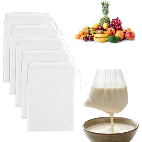Bolsas de malla reutilizables de 20 x 30 cm para filtrar bebidas vegetales,ideales como colador y paño de cocina. 6 unidades para uso alimentario (1/5)