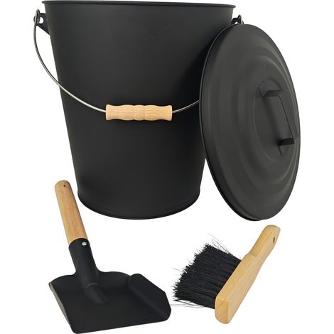 Relaxdays Ascheeimer mit Deckel, 24 Liter, inkl. Aschebesen & Kaminschaufel, Aschebehälter mit Henkel, schwarz/natur