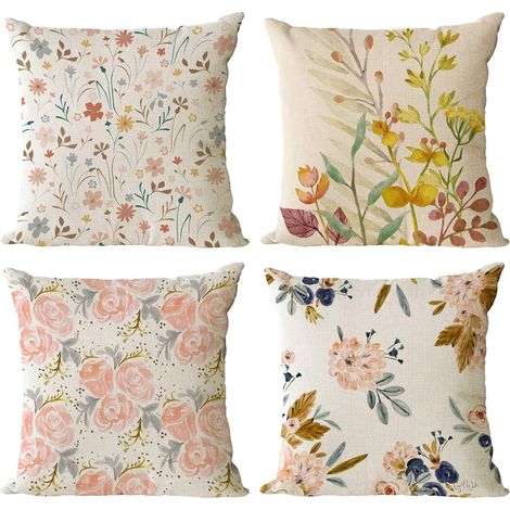 Lot de 4 housses de coussin décoratives florales, carrées, en coton et lin, 40x40 cm, pour canapé, extérieur et intérieur. (1/5)