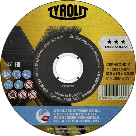 Disque à tronçonner 41F 125X1.6X22.23 ACIER/INOX - TYROLIT