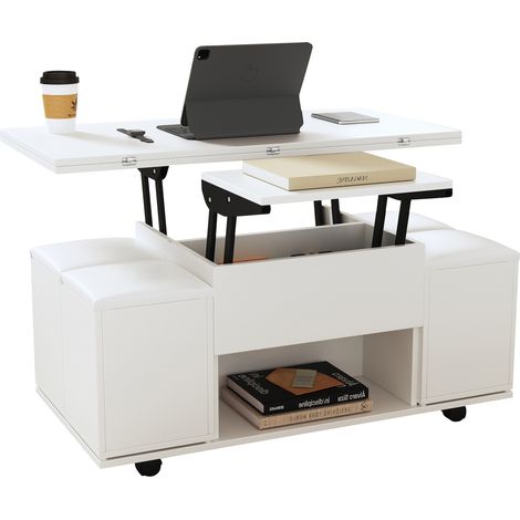 Table basse Blanc, plateau relevable, roulettes, 100 x 100 x 63, 5 cm, particle board, moderne, pratique, avec rangement, pour salon (1/5)