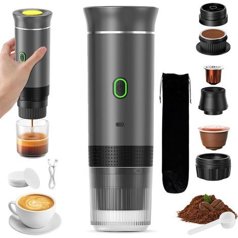 Machine à Café Portable de Voyage,Chauffage Rapide 3 En 1 Cafetiere Portable 12V, Auto-Chauffage de 4 à 6 Minutes, Grandes Capsules, Café Moulu, Pour Le Camping, Bureau, Maison, Voiture (Cendre) (1/5)