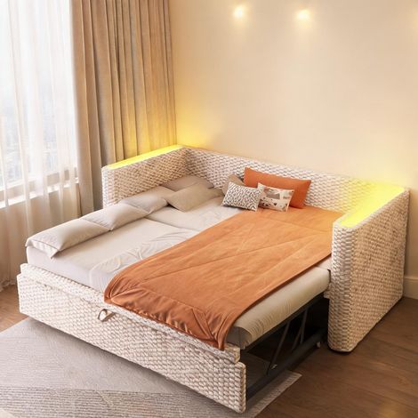 Cadre de lit beige en velours 229 x 191 x 68 cm (1/5)