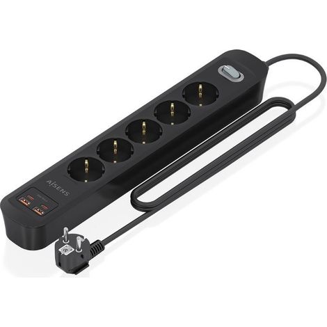 AISENS - ASPS-2A2C15-BK - REGLETA DE ENCHUFES MULTIFUNCION con 5 Tomas + Cargador PD3.0 20W 2xUSB-C, 2xUSB-A, 1.4M, Negro
