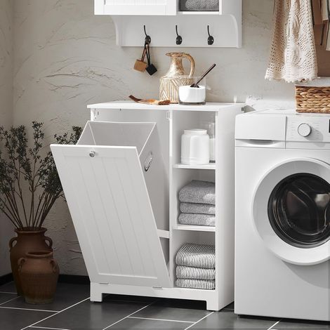 SoBuy Mobiletto da Bagno con Sacco per Biancheria Mobile con Cesto a Ribalta e 3 Ripiani Mobile Salvaspazio, Arredo Bagno in Legno per Spazi Ridotti, Bianco, 60x86x37cm, BZR105-W (1/5)