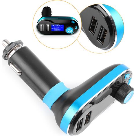 Blauer Bluetooth-MP3-Player mit FM-Transmitter und Freisprecheinrichtung fürs Auto. Ladegerät inklusive.