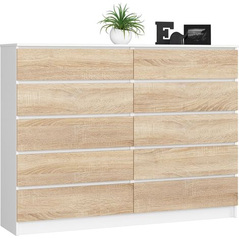 Cómoda AKORD K160 Blanco 160 cm 10 cajones frente en color Roble Sonoma 160x40x121 cm