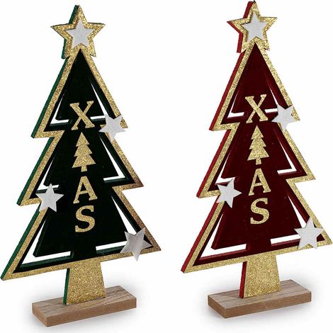 Alberi di Natale decorativi in legno con scritte dorate ed effetto velluto, set da 2 pezzi, cm 19,5 x 4,5 x 35 H