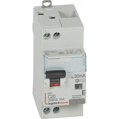 Disjoncteur différentiel monobloc DX³6000 10kA arrivée haute et départ bas à vis U+N 230V - 20A - typeAC 30mA - LEGRAND