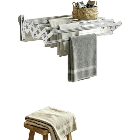 Étagère de séchage à linge murale, capacité de charge de 40 kg, 7 barres de séchage, longueur rétractable de 80 à 201 cm, matériau en acier inoxydable, design pliable (1/5)