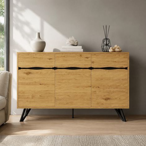 Buffet 3 portes aspect bois avec pieds en métal, 140 x 40 x 75,5 cm, bois et noir DESVIAE (1/5)