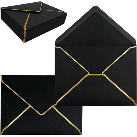 Enveloppes A7 (127 x 178 cm) autocollantes avec bordure dorée, idéales pour les remises de diplômes et les invitations de mariage - Lot de 30 noires (1/4)