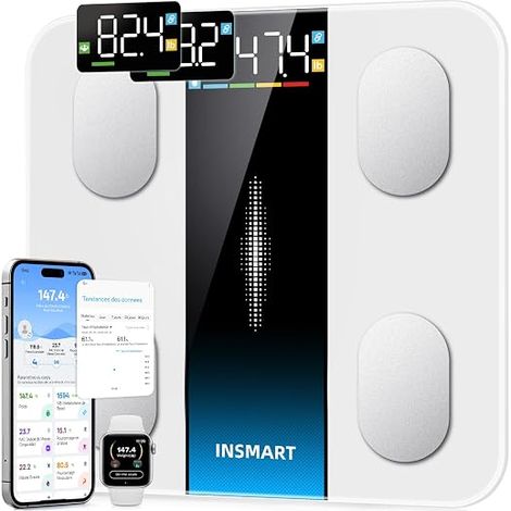 Pese Personne Intelligent, Balance Pese Personnes Écran, Balance 16 Mesures Corporelles, IMC, Pourcentage de graisse APP, 400lb, Blanc (1/5)