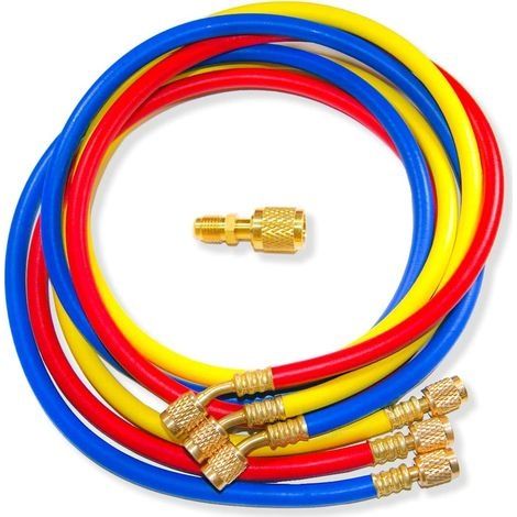 Lot 3 Durites Recharge Gaz Réfrigérant AC + Adaptateur. Compatible avec les systèmes Universal Car ou Split Air Conditioning. Longueur 150cm, 60 pouces (1/5)
