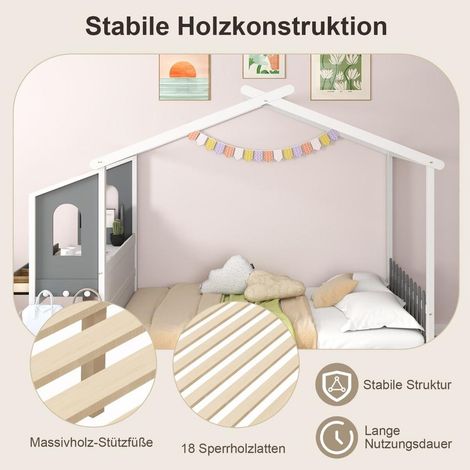 Pour enfant et ado Lit cabane 2 places en bois pour chambre, cadre maison avec bureau intégré et rangements (1/5)