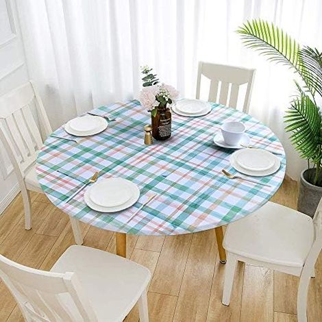 Nappe ronde élastique d'extérieur, imperméable, résistante à l'huile, couvre-lit, fête, cuisine (rond de 24 pouces, carreaux verts)