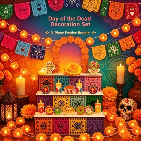 Altar transfronterizo para ofrendas del Día de Muertos, esqueleto de madera y vela decorativa, importados del Amazonas. Adorno conmemorativo del Día de Muertos.