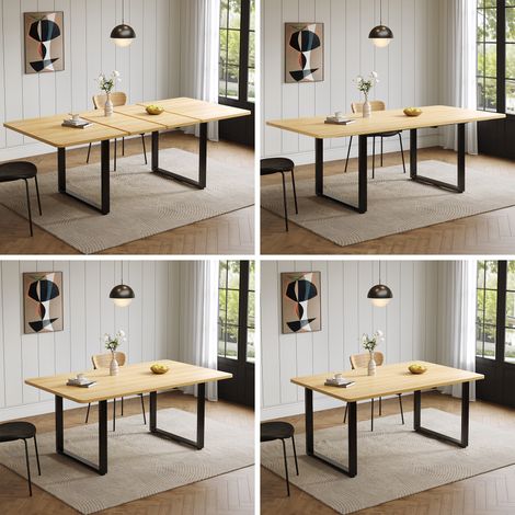 Mesa de comedor extensible con 3 longitudes (140/180/220 x 80 cm), ideal para 6 a 10 personas, estilo roble, patas de metal, acabado en roble. (1/5)