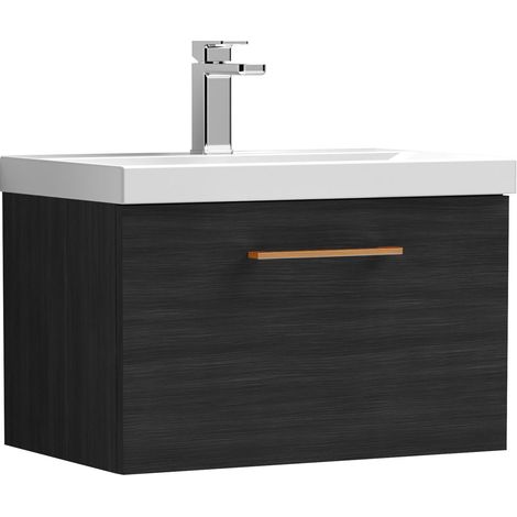 Balterley 600mm Wall Hung Bathroom 1 Drawer Vanity Unit and 1 Tap Hole Ceramic Basin, Woodgrain Black with Copper Handle (1/5)