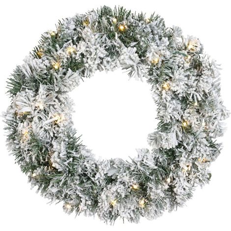 Snowy Green Lit Christmas Door Wreath - Warm White Leds - 50cm Diameter