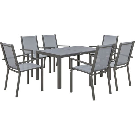 Ensemble salon de jardin 6 places table extérieure acier chaises empilables gris (1/5)