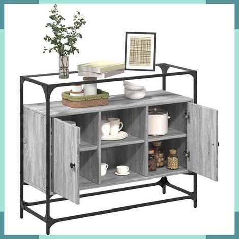 846072 Buffet avec dessus en verre sonoma gris bois d'ingénierie (1/5)