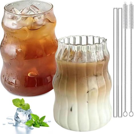 Set de 2 verres à boire côtelés 530ml avec pailles en verre, verres Retro Bubble pour cocktails & café glacé