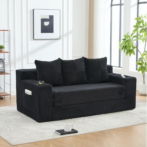 Canapé modulaire 3 places en tissu velours côtelé noir avec porte-gobelets et poches latérales (1/5)