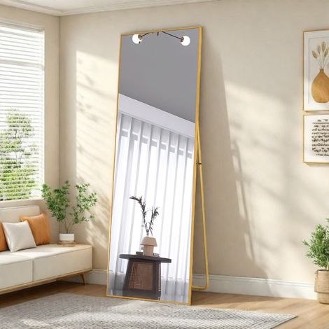 Miroir Pleine Longueur 162x53 cm, Miroir sur Pied doré rectangulaire, Miroir Mural à Suspendre ou à Poser, pour Salle de Bain, Chambre, Entrée