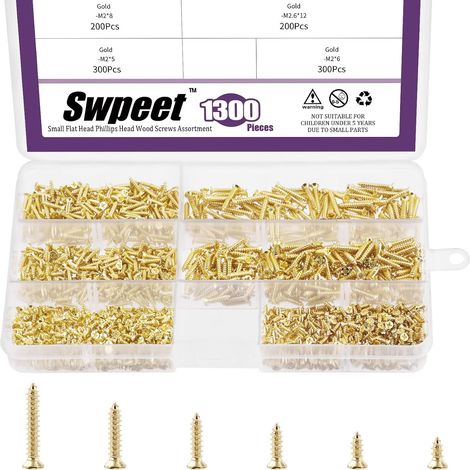 Lot de 1295 petites vis à bois, 5 mm, 6 mm, 8 mm, 10 mm, 12 mm, 16 mm - Vis auto-foreuses à tête cruciforme plate - Vis autotaraudeuses - Vis à métal - Pour meubles - Dorées (1/5)