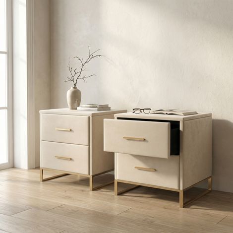Set di 2 comodini 40x40x50 cm, con 2 cassetti, tavolino laterale imbottito in tessuto velluto, design moderno e lussuoso, beige