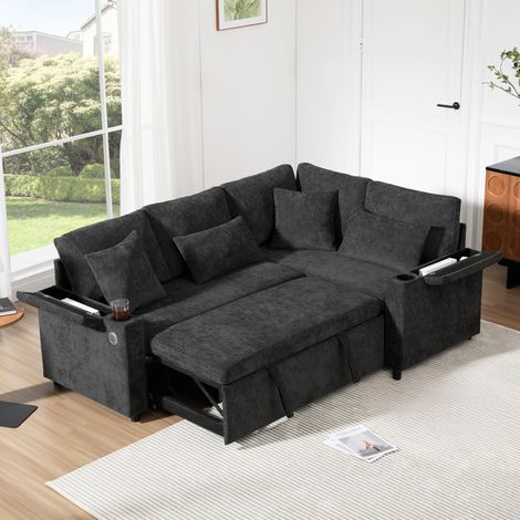 Sofá cama esquinero 206,5x141x86 cm de chenilla gris oscuro con almacenaje – MEUBLIV (1/5)
