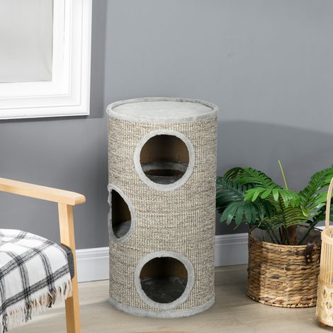 Coussin griffoir 3 niveaux pour chat en sisal et peluche, gris clair, Ø38x70cm (1/5)