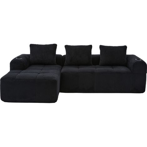 Sofá modular de corduroy negro con 3 cojines, bolsillos laterales y portavasos (1/5)