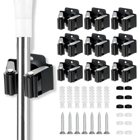 12 Pièces Accroche Balai Mural, Noir Porte Balais Mural, Support Balais Mural, Porte Balais Mural Sans Percage, Rangement Attache Balai Mural Supports de serpillère Pour Salle De Bain, Jardin, Garage (1/2)