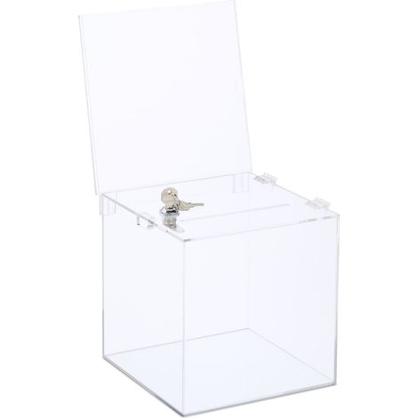 Relaxdays raffle box, acrylic, lockable, sign holder, hinged lid, HWD: 40.5 x 21 x 25 cm, donation box, transparent (1/5)