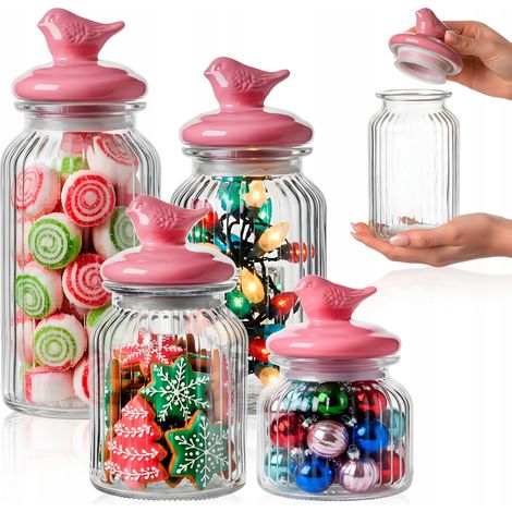 Set - 4 contenitori in vetro con coperchio in ceramica (motivo uccellino) - 1 da 0,7 l, 1 da 1 l, 1 da 1,35 l, 1 da 1,45 l