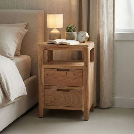 Table de chevet 2 tiroirs 1 niche 40x30x60 cm en acacia massif - ZULAR (1/5)