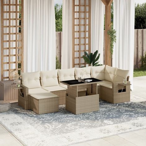 Ensemble Salon Jardin 8 Places Résine Tressée Beige avec Coussins Crème - Canapé d'Angle Modulable et Table Réglable (1/5)