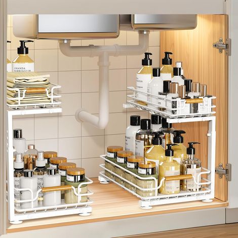 Lot de 2 Rangement sous Evier, 2 étages Métal Organisateur sous Evier Tiroir Coulissant à Extraction, Rangement Et Organisation de Cuisine, étagère sous placard pour salle de bain, épices(Blanc) (1/5)