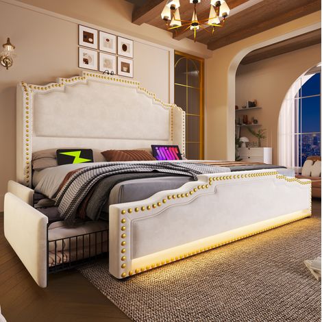 Cama con almacenamiento de terciopelo beige 160x200 cm con 4 cajones, LED, USB-C y somier de láminas (1/5)