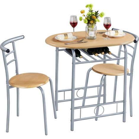 Homevive Juego Mesa de Cocina con 2 Sillas de Comedor Conjuntos de Mueble de 3 Piezas con Vino Estante Madera Natural+Plata