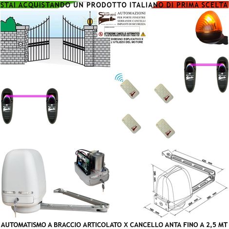 KIT MOTORE A BRACCIO ARTICOLATO 220/24 V CANCELLO AUTOMATICO ANTA BATTENTE DA 0,5 A 2,5 MT CENTRALE 4 RADIOCOMANDI 2 FOTOCELLULE FARO (1/4)