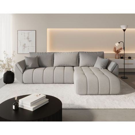 Ecksofa Schlafsofa MISATO Stoff Wind Hellgrau Ottomane Rechts (1/4)
