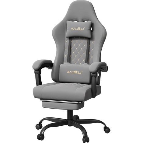 Woltu – Chaise gaming massante ergonomique – Appui-tête et repose-pieds – Charge 150kg – Tissu maille gris et jaune – Assise large 50x46cm (1/4)