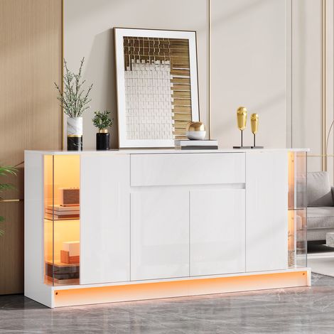 Buffet de salon 150 cm, enfilade laquée brillante avec 4 portes, tiroir et vitrine, meuble de rangement avec éclairage LED, style moderne, blanc (1/5)
